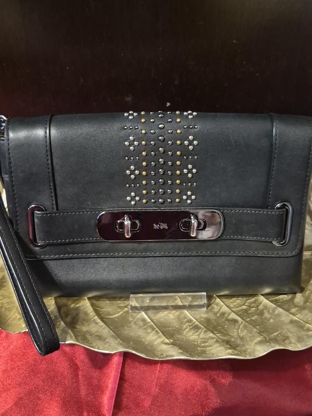 COACH 💥SWAGGER💥 RIVETED Large Pouchette 🖤 BLACK LEATHER WRISTLET 🩶 GUNMETAL